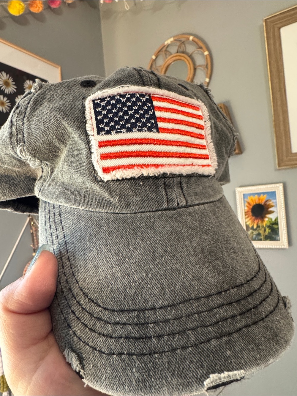 David and Young Distressed Gray Baseball Cap with American Flag Patch
